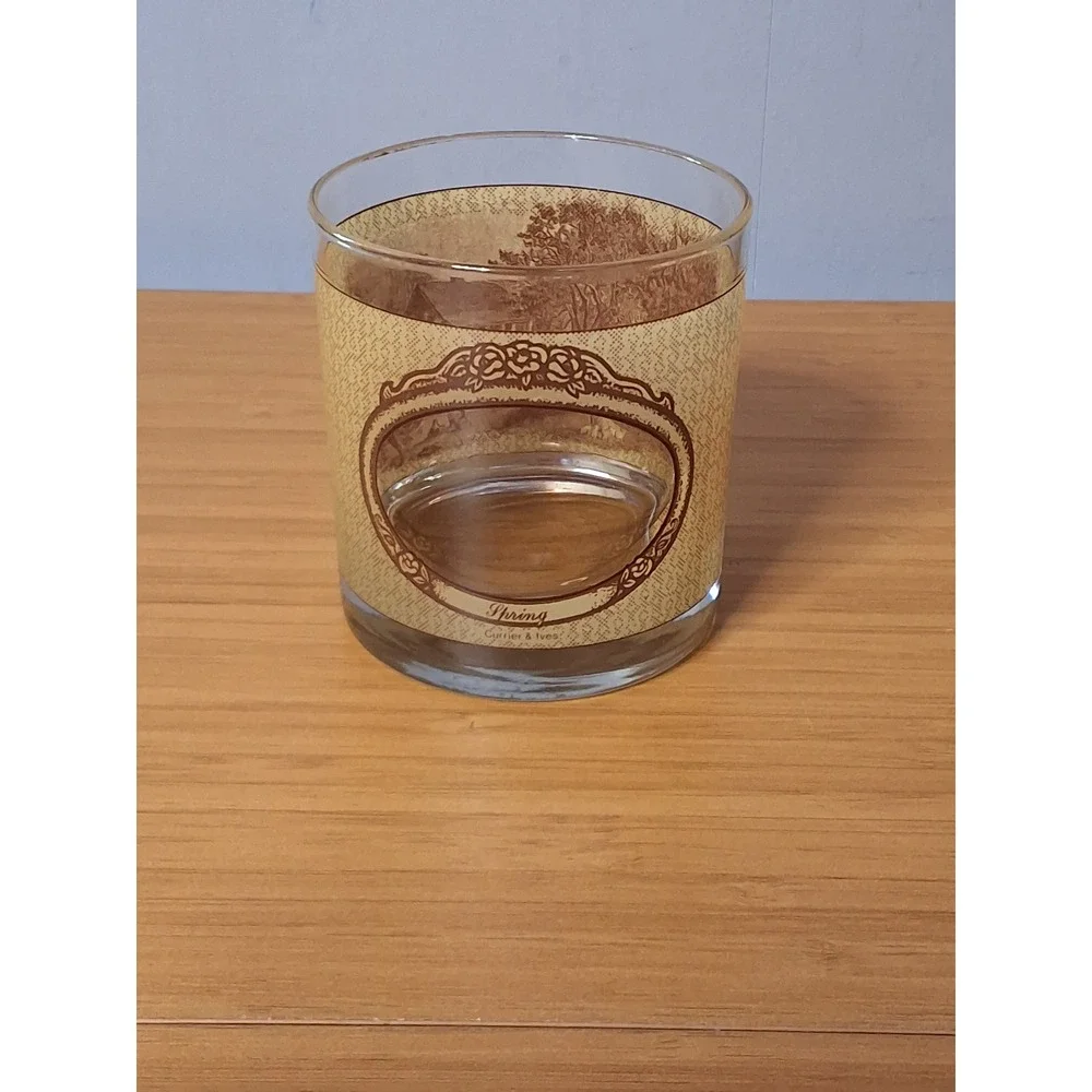 Vintage Currier & Ives Four Seasons Whiskey Rocks Glasses Set of 4 Brown Cream
